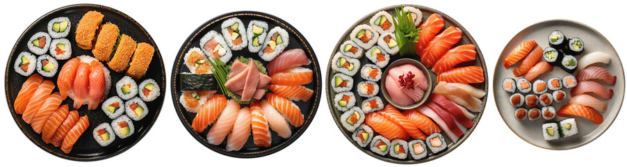 A plate filled with sushi, top view