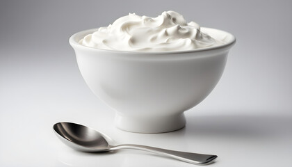 Bowl of sour cream with spoon , isolated on white background.