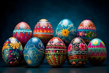 Fototapeta na wymiar A captivating collection of hand-painted Easter eggs with intricate designs and vibrant colors against a dark background