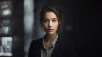 Naklejka premium A confident businesswoman in a modern office setting, wearing a stylish dark suit