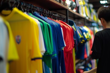 person browsing colorful jerseys displayed in the shop