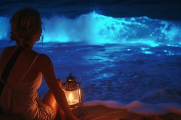 woman with lantern watching waves on bioluminescent beach