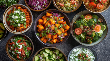 Plant based meals showcased on a kitchen table. Salads and other savory hearty entrees.