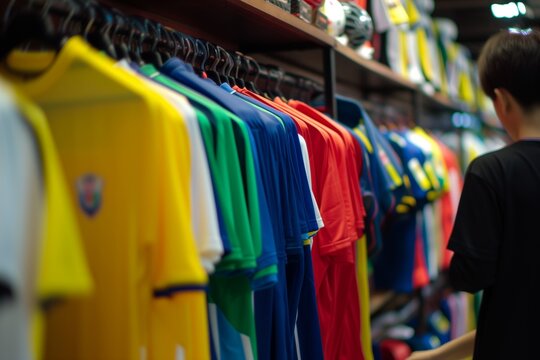 person browsing colorful jerseys displayed in the shop