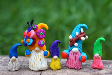 Figurines of fairy-tale dwarfs. A mythological character. Children's figures made of plasticine.