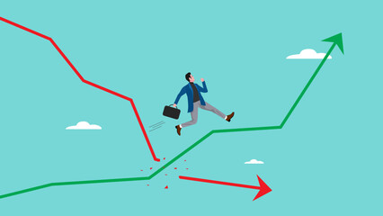 change business strategy to achieve business goals or target, recovering from the economic crisis, businessman jumps from the red graph down to the green growing graph concept vector illustration