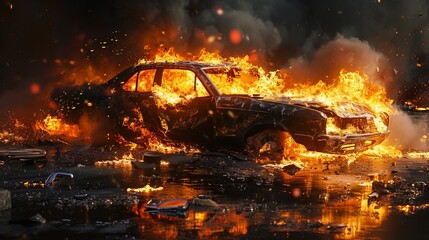 Crisis Scene: Fiery Car Destruction Amidst Chaos and Emergency at Night