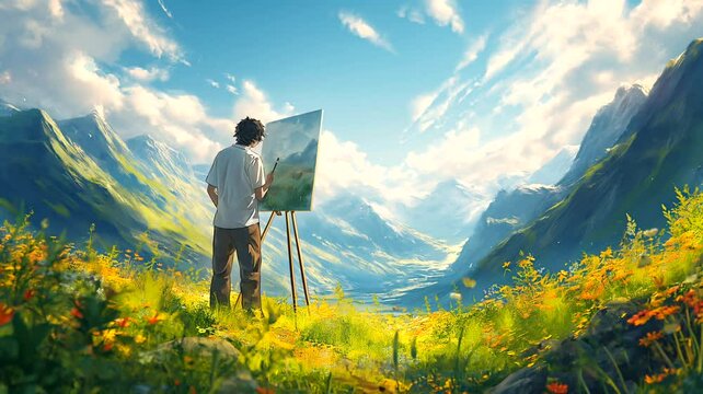 A man painting landscape on canvas. Seamless looping time-lapse 4k video animation background