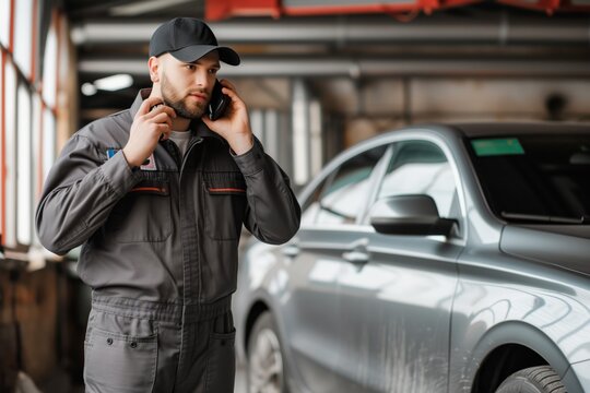 mechanic in uniform talking on phone by car - Powered by Adobe