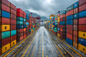 Fototapeta premium perspective view of containers at containers yard with forklift and truck