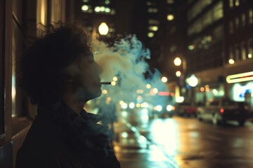 profile of a person on a city street at night, smoke from a cigarette visible