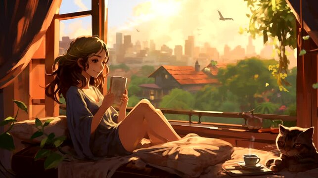 A woman reading book in bedroom with a cat near window at sunrise. Seamless looping time-lapse 4k video animation background