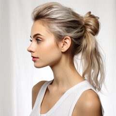 A white blonde girl side view stil for Beauty concept photography. Clear Skin. Hair style.Ai