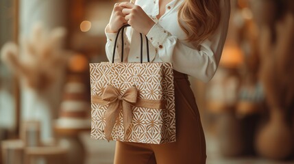 Fall Fashion: A Woman's Brown Pants and White Blouse with a Gift Bag Generative AI