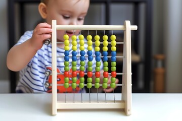 child using abacus to learn basic math on white table