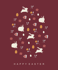 Happy Easter elements pattern design in egg shape greeting card on a plum background. rabbit flowers spring butterfly eggs leaf.