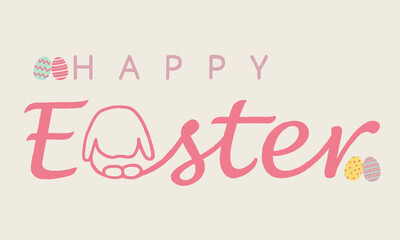 Happy Easter greeting card in handwriting with rabbit shape and Easter eggs on white background.