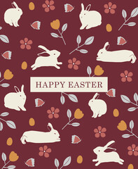 Happy seamless Easter elements pattern design greeting card on a plum background. rabbit flowers spring butterfly eggs leaf.