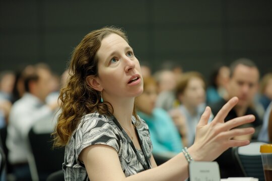 woman asking question at educational seminar qa session
