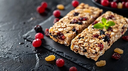 healthy snack muesli bars with raisins and dried berries on a black background - obrazy, fototapety, plakaty