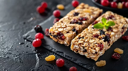 Foto op Aluminium healthy snack muesli bars with raisins and dried berries on a black background © Rosie