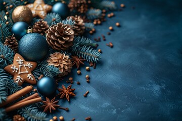 Obraz na płótnie Canvas Holiday Haven: A Festive Display of Ornaments, Pinecones, and Blue Balls Generative AI