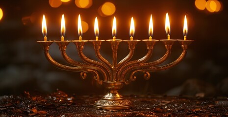 Holiday Glow: A Golden Menorah with Lit Candles Generative AI