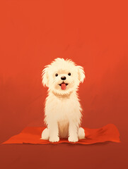Cartoon Illustration of a Cute White Dog Sitting on a Red Blanket
