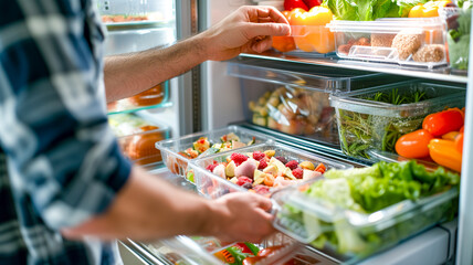 Man's Hand Taking Container Of Mixed Vegetables From Refrigerator