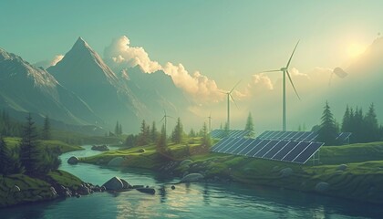 Renewable Energy Solutions: Harnessing Nature's Power, Illustrate renewable energy solutions with an image showing solar panels, wind turbines, or hydroelectric generators, AI  - obrazy, fototapety, plakaty