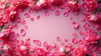 Rose petals on pink  background. Spase for text. Romantic background for greeting card, banner.