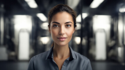 Fototapeta premium A individual Women Labour in a well-lit, modern Factory environment, focus on the person with blurred background. The atmosphere is calm and conducive for productivity and innovation