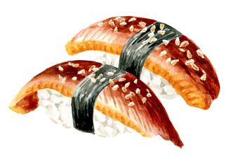 Nigiri Sushi with  Eel. Hand drawn watercolor illustration,  isolated on white background