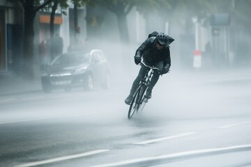 cyclist struggling against powerful wind gusts on street - obrazy, fototapety, plakaty