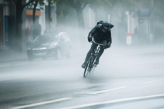 cyclist struggling against powerful wind gusts on street