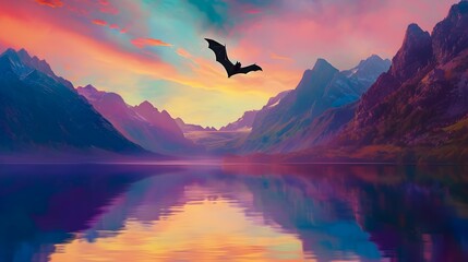 As the sun sets behind the majestic mountains, a bat soars gracefully through the colorful sky, its...
