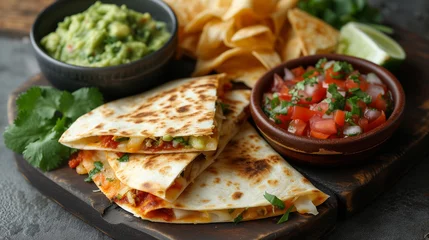 Foto op Plexiglas Quesadilla slices on a plate with chips, salsa and guacamole dip.  © Jammy Jean