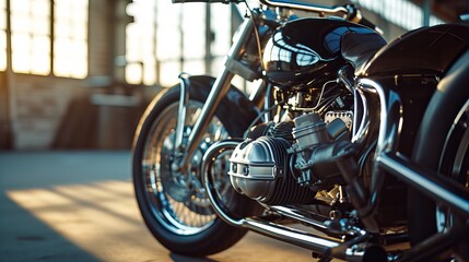Vintage Black Motorbike Bathed in Sunlight in Spacious Interior Setting