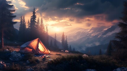 Amidst a peaceful mountain landscape, a glowing tent awaits the start of a new day, surrounded by the vast sky, towering trees, and a protective tarpaulin