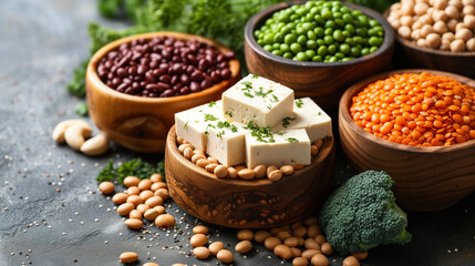Selection of plant based proteins,  including tofu, legumes and greens.