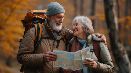 Older couple using a map to navigate a new hiking trail in a park.