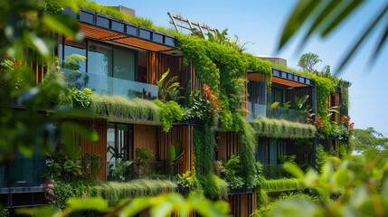 Fototapeta premium Sustainable green building. Eco-friendly building. Sustainable glass office building with tree for reducing carbon dioxide. Office with green environment. Corporate building reduce CO2. Safety glass.