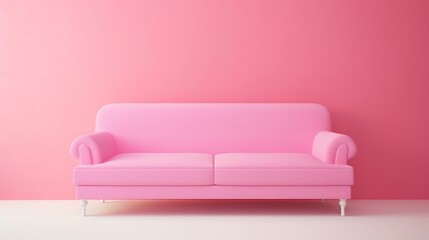 Fashionable comfortable stylish pink fabric sofa with white legs on pink background