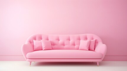 Fashionable comfortable stylish pink fabric sofa with white legs on pink background