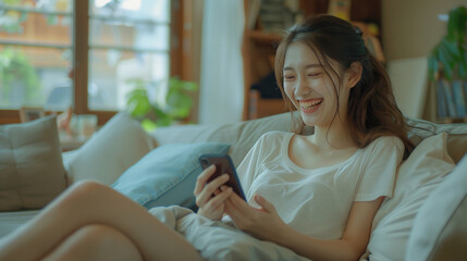 beautiful young asian woman looking happy uses a smart mobile phone on sofa in living room interior