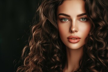 Fototapeta premium Gorgeous brunette woman with stunning curly hair achieved through care and trichology