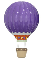 3D purple hot air balloons with baskets travel isolated on white background. Summer balloon journey. 3D png illustration.
