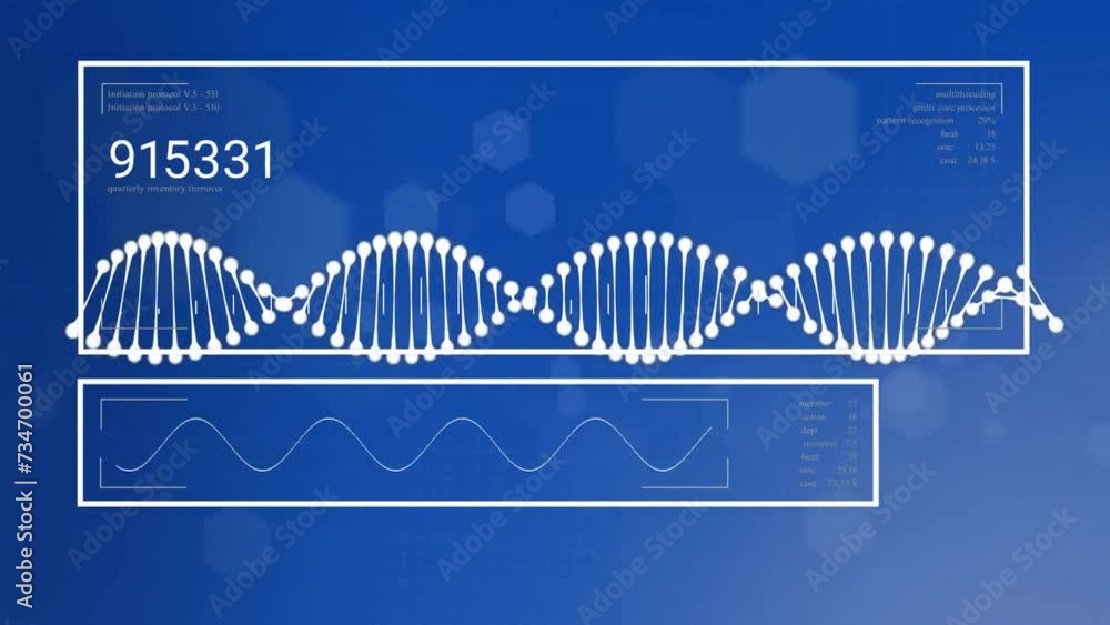 Poster Animation of processing data and dna on interface with blue background
