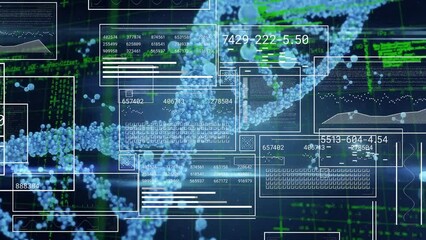 Animation of interface screens processing data over dna strand on dark background - Powered by Adobe