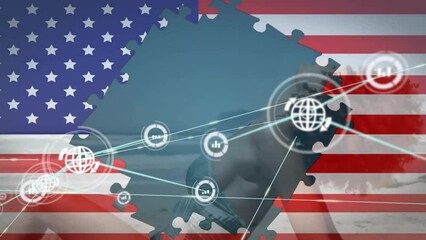 Animation of global communication network over biracial woman on sunny beach and american flag